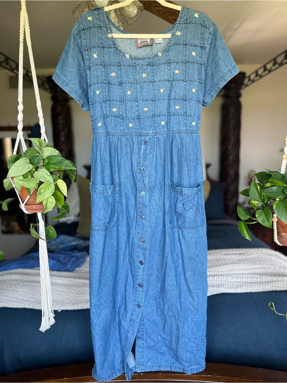 Vintage Denim Embroidered Midi Dress